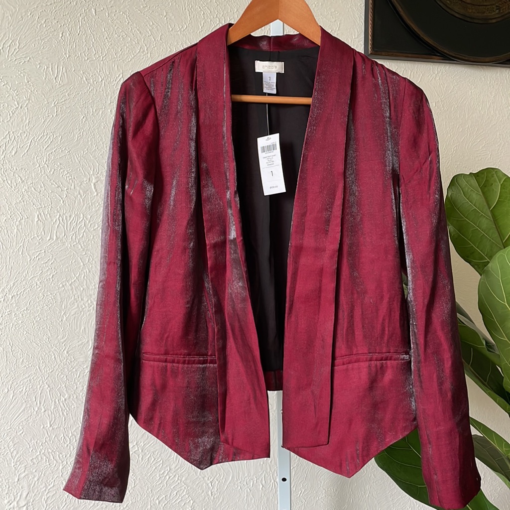 Nwt $109 Chicos Drape Front Metallic Red Jacket